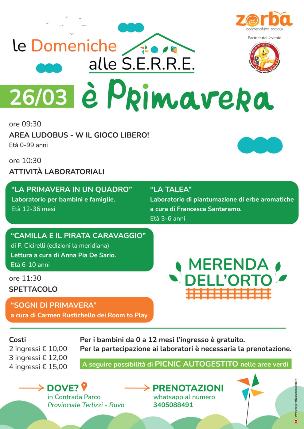 𝗘' 𝗽𝗿𝗶𝗺𝗮𝘃𝗲𝗿𝗮 𝗮𝗹𝗹𝗲 𝗦.𝗘.𝗥.𝗥.𝗘. 🪁  Vi invitiamo al primo appuntamento di "Le Domeniche alle S.E.R.R.E." domenica 26 marzo a partire dalle ore 9:30  Programma: 🌺Ore 9.30 Area Ludobus - W il gioco libero! Età 0-99 anni 🌼Ore 10.30 Attività laboratoriali: - “𝗟𝗮 𝗽𝗿𝗶𝗺𝗮𝘃𝗲𝗿𝗮 𝗶𝗻 𝘂𝗻 𝗾𝘂𝗮𝗱𝗿𝗼” Laboratorio per bambini e famiglie. Età 12-36 mesi - “𝗟𝗮 𝘁𝗮𝗹𝗲𝗮” Laboratorio di piantumazione di erbe aromatiche a cura di Francesca Santeramo. Età 3-6 anni - “𝗖𝗮𝗺𝗶𝗹𝗹𝗮 𝗲 𝗶𝗹 𝗽𝗶𝗿𝗮𝘁𝗮 𝗖𝗮𝗿𝗮𝘃𝗮𝗴𝗴𝗶𝗼” di F. Cicirelli (Edizioni la meridiana) - Lettura a cura di Anna Pia De Sario. Età 6-10 anni - 𝗠𝗲𝗿𝗲𝗻𝗱𝗮 𝗱𝗲𝗹𝗹’𝗼𝗿𝘁𝗼 🌻Ore 11,30 “𝗦𝗼𝗴𝗻𝗶 𝗱𝗶 𝗽𝗿𝗶𝗺𝗮𝘃𝗲𝗿𝗮” a cura di Carmen Rustichello dei Room to play  🔹Alcune informazioni: •Puoi cercare su Google Maps alle S.E.R.R.E. 📍 g.co/kgs/9kTrct •Per i bambini da 0 a 12 mesi l’ingresso è gratuito. •Per la partecipazione ai laboratori è necessaria la prenotazione. •La prenotazione alle attività potrà essere fatta contattando il numero 340 508 8491. •Dopo le attività è possibile fermarsi per fare un pic-nic autogestito nelle aree verdi.